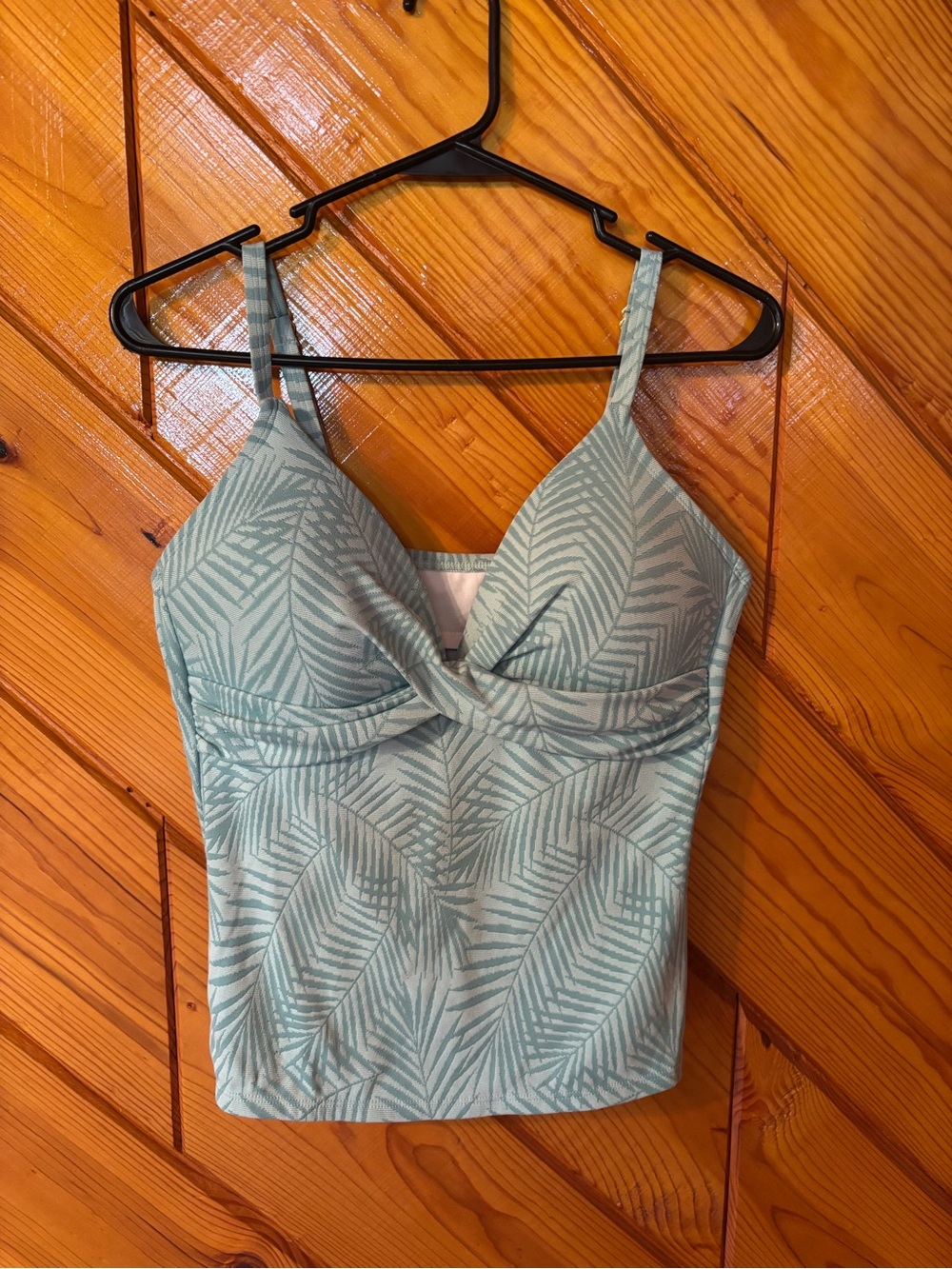 Twist-Front Palm-Pattern Swim Cami in Light Teal